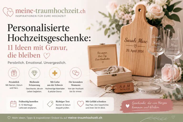 Personalisierte Hochzeitsgeschenke mit Gravur: graviertes Schneidebrett, Weingläser, Holzbox und Schmuck im romantischen Hochzeitsdesign
